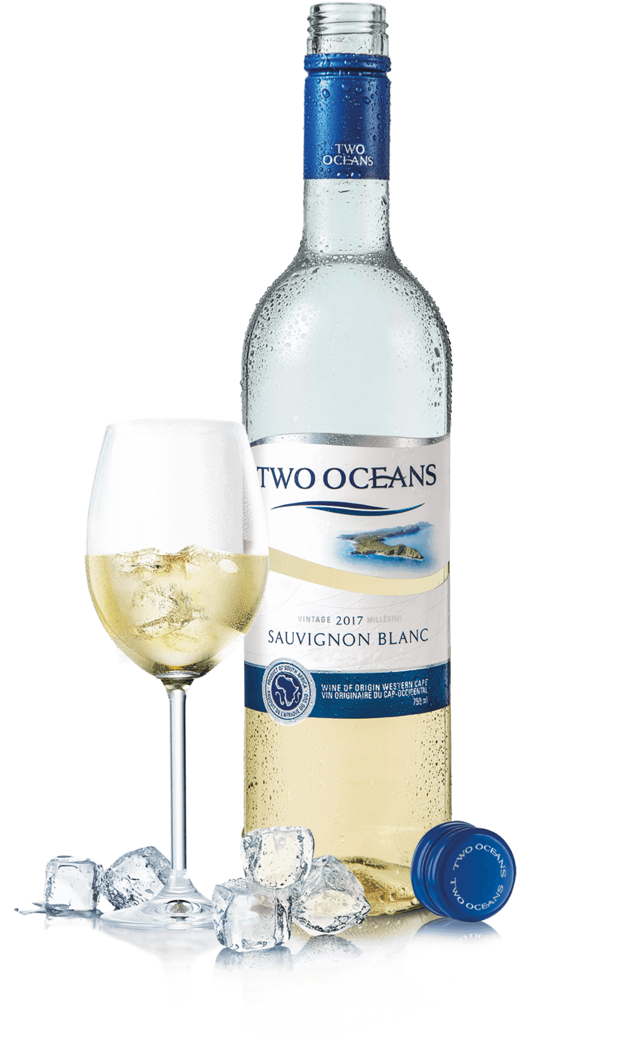 Two Oceans Sauvignon Blanc wine bottle glass and ice.